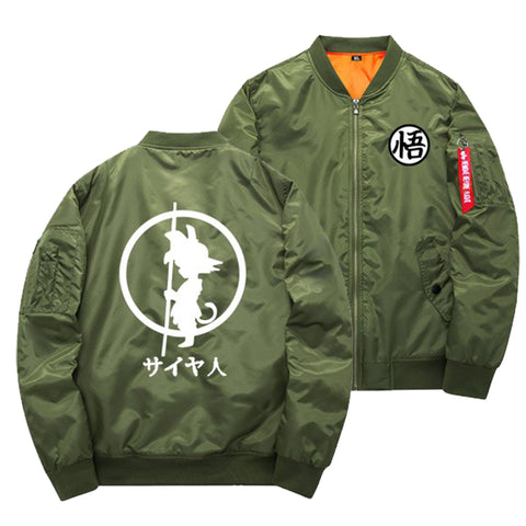 Young Kid Son Goku & Insignia Japanese Logo | Olive Bomber Jacket | Dragon Ball Super